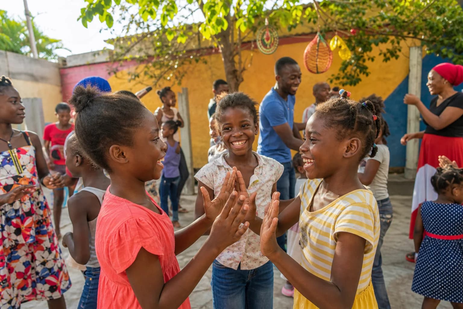 Illustration d'enfants haïtiens jouant ensemble avec joie.